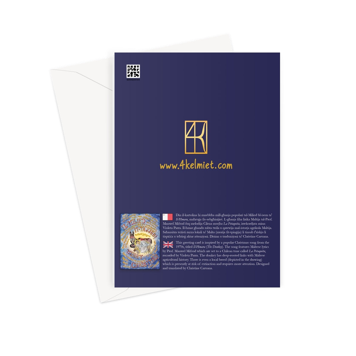 'Il-Ħmara / The Donkey' kartolina tal-Milied + envelop - Bilingwi (Malti u Ingliż)