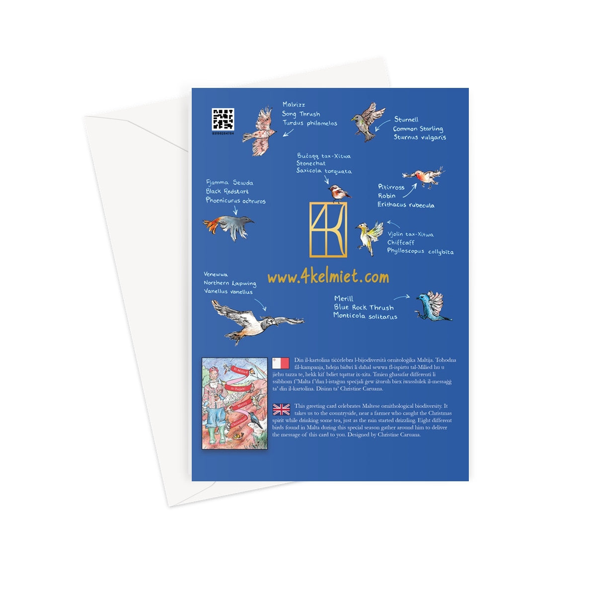 'Għasafar tal-Milied / Christmas Birds' kartolina tal-Milied + envelop - Bilingwi (Malti u Ingliż)
