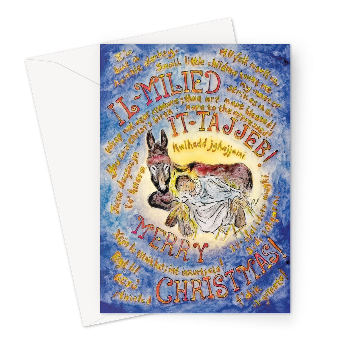 'Il-Ħmara / The Donkey' kartolina tal-Milied + envelop - Bilingwi (Malti u Ingliż)