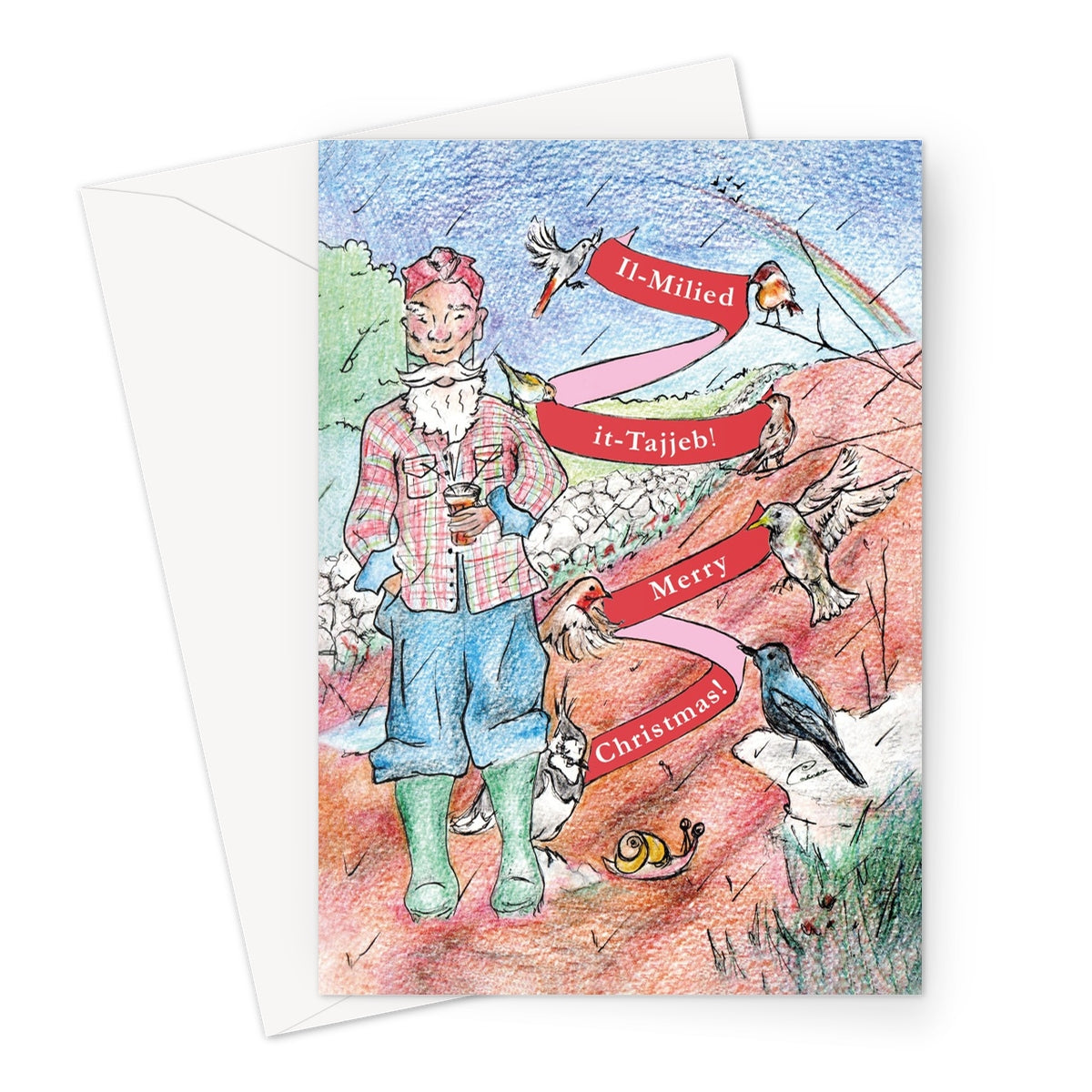 'Għasafar tal-Milied / Christmas Birds' kartolina tal-Milied + envelop - Bilingwi (Malti u Ingliż)